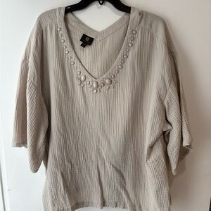 JM Collection Cream V-Neck Blouse with Pearl Accents